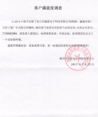 衢州川特電子廢氣粉塵處理工程客戶滿意度調查 衢州川特電子廢氣粉塵處理工程客戶滿意度調查